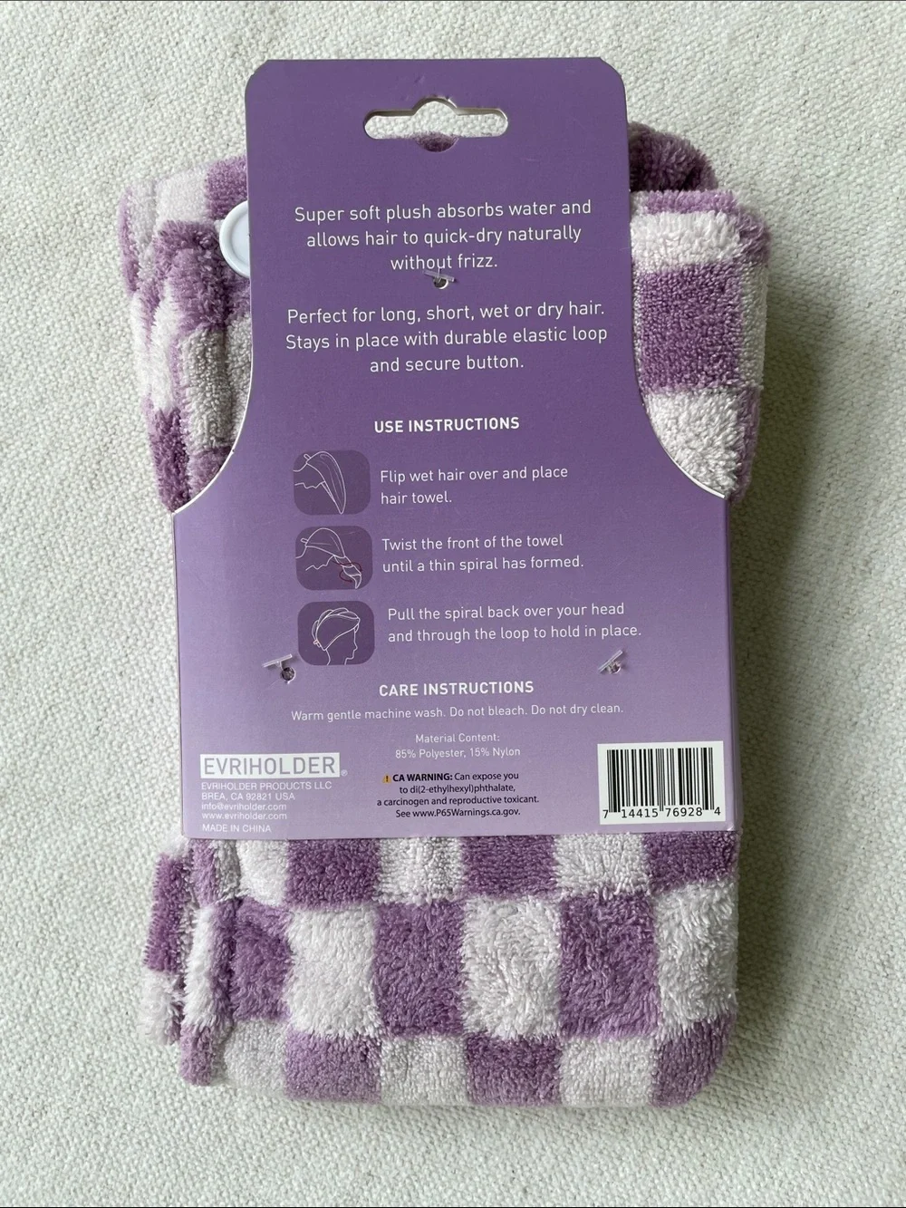 Purple Check Hair Towel - Super Soft Hair Wrap